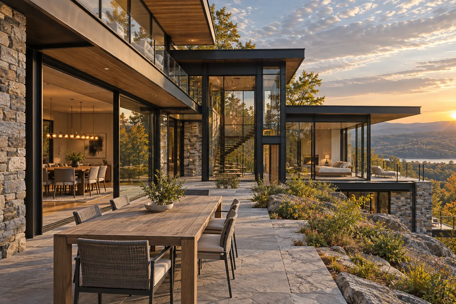Outdoor dining terrace framed by fieldstone, timber and glass
