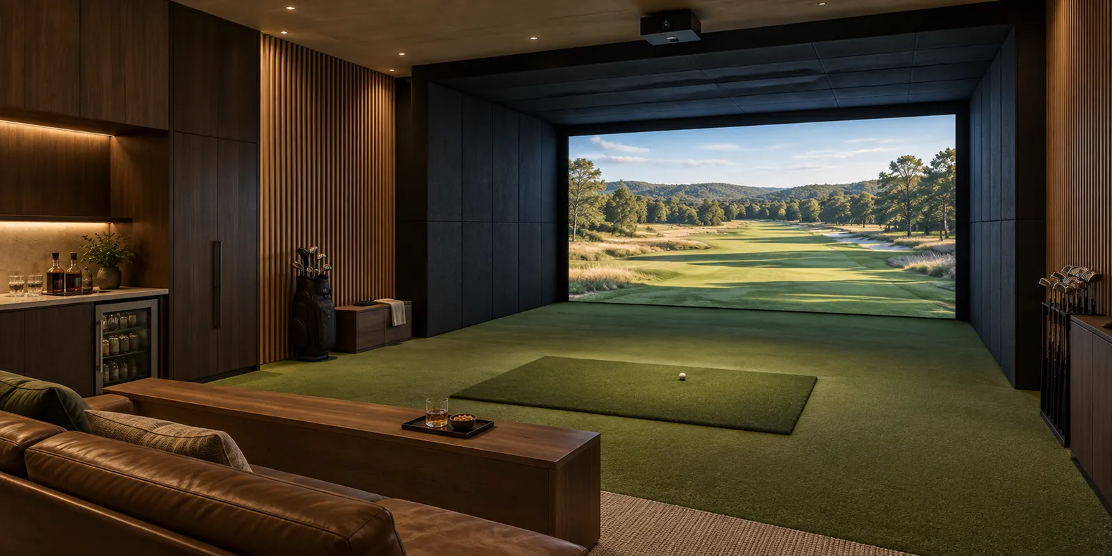 Golf simulator lounge with leather seating and bar
