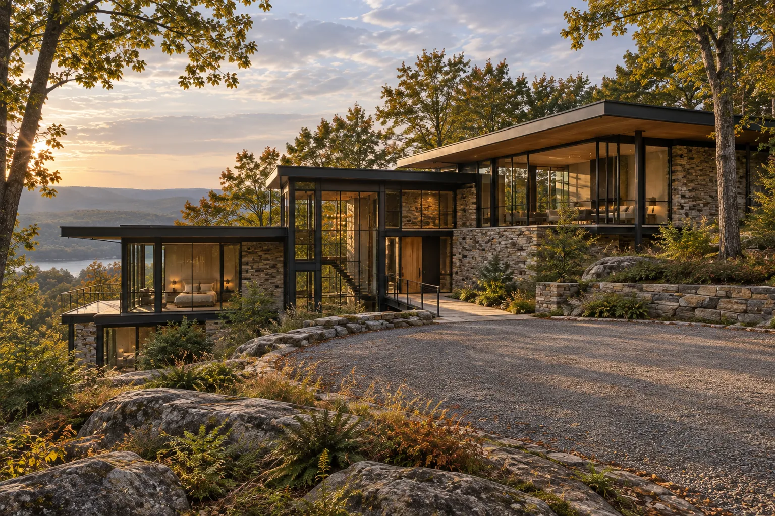 Stone and glass residence above the Hudson River seen from the arrival court