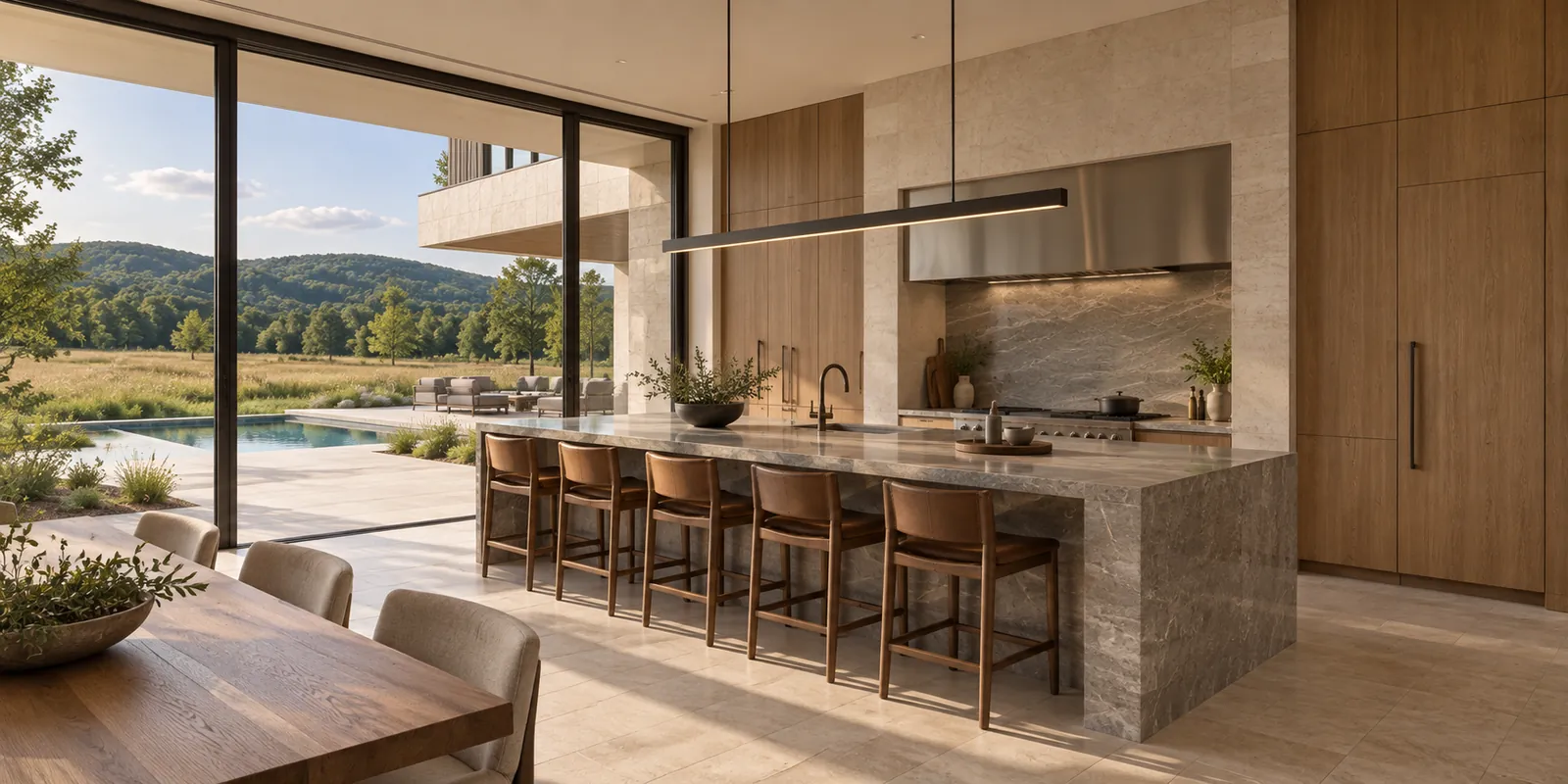 Kitchen with stone island opening to the pool terrace