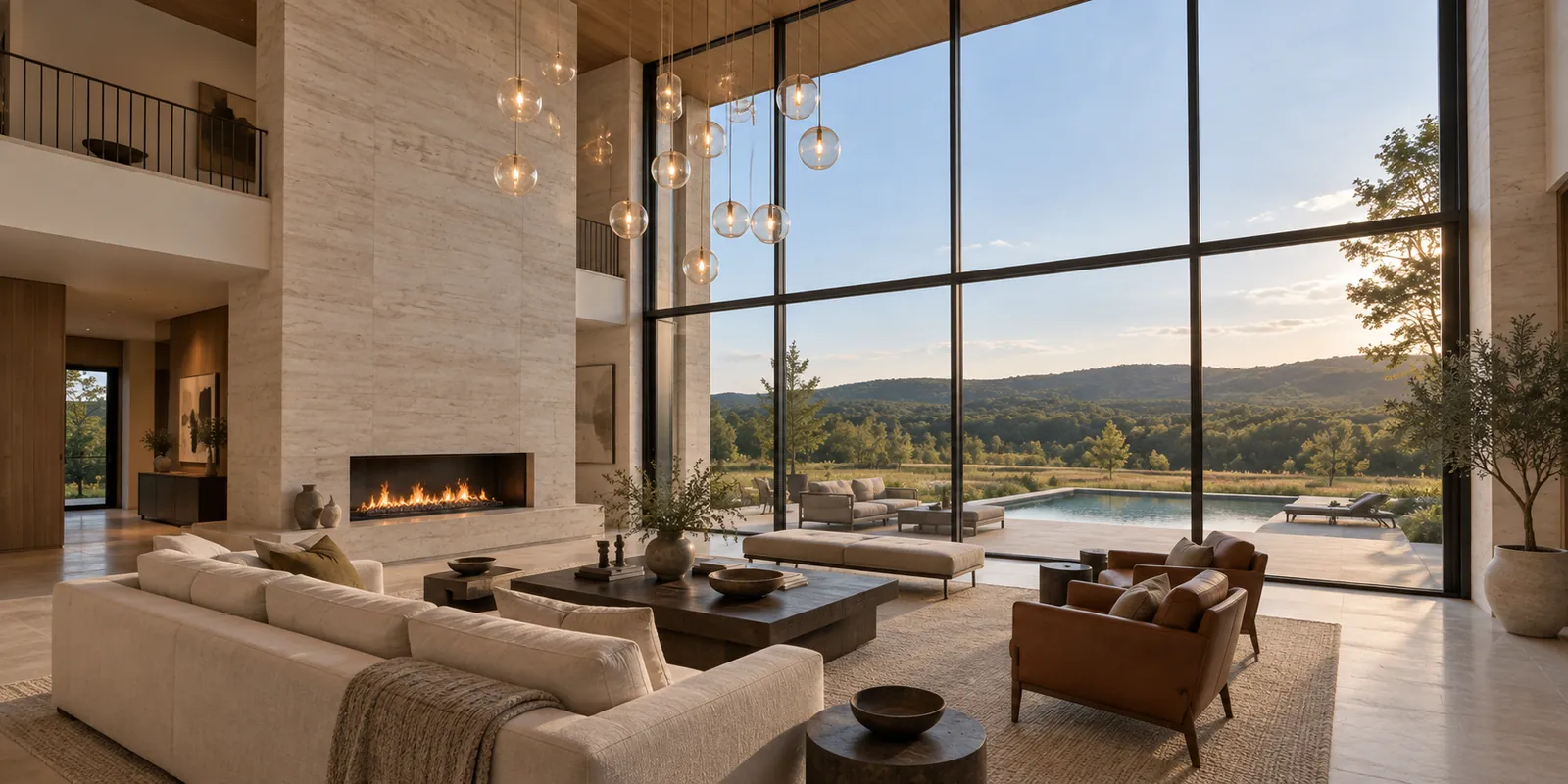 Double-height living room with linear fireplace and walls of glass