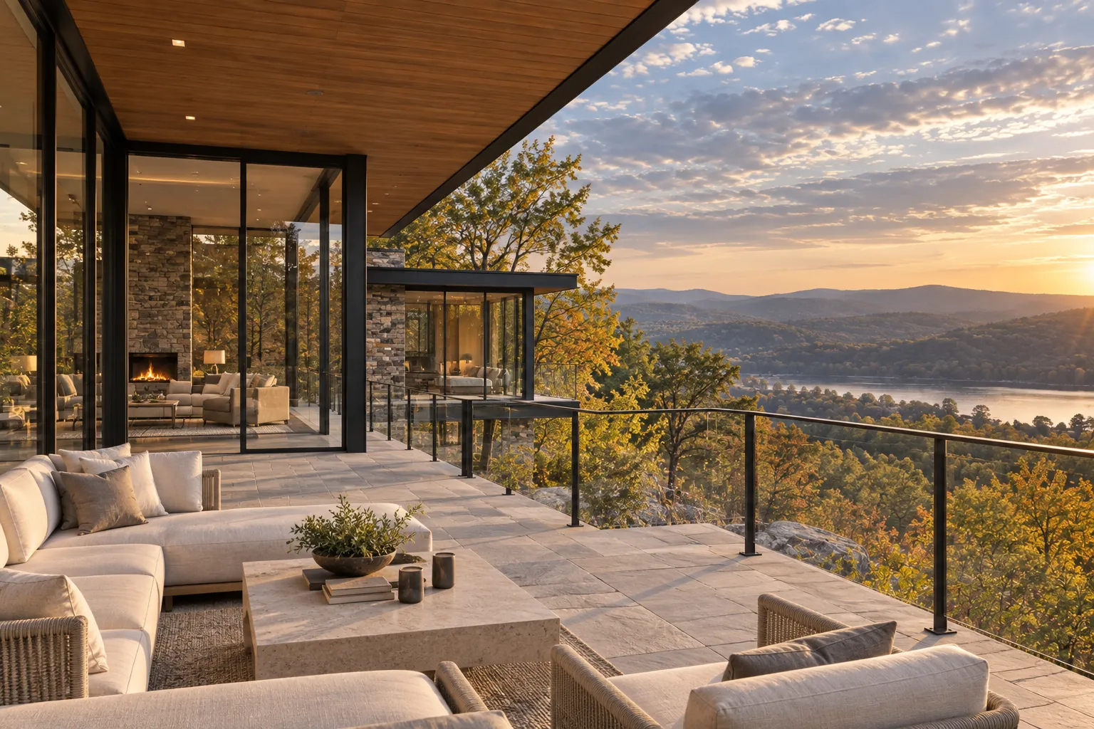 Covered living terrace overlooking the river valley at sunset