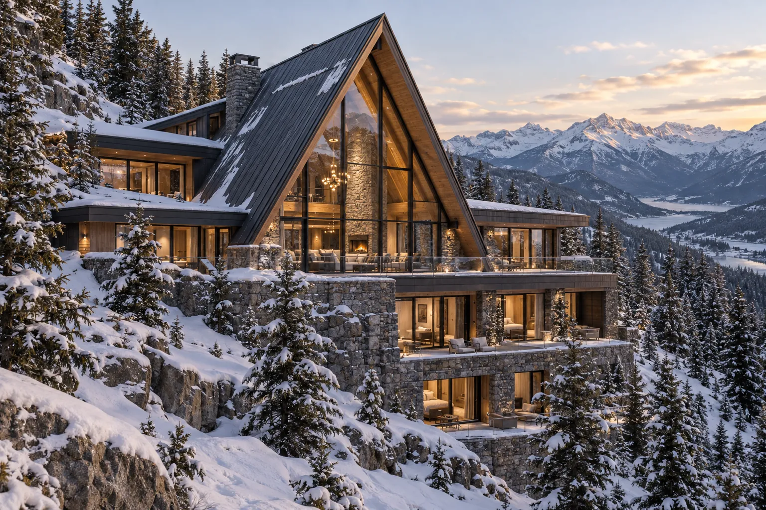 Timber A-frame chalet on a snowy mountainside at dusk