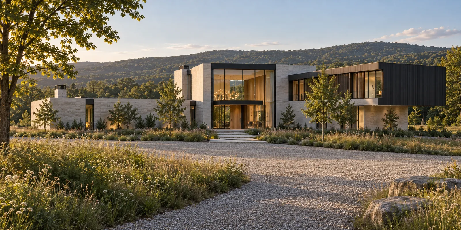 Limestone and glass country residence beyond a wildflower meadow