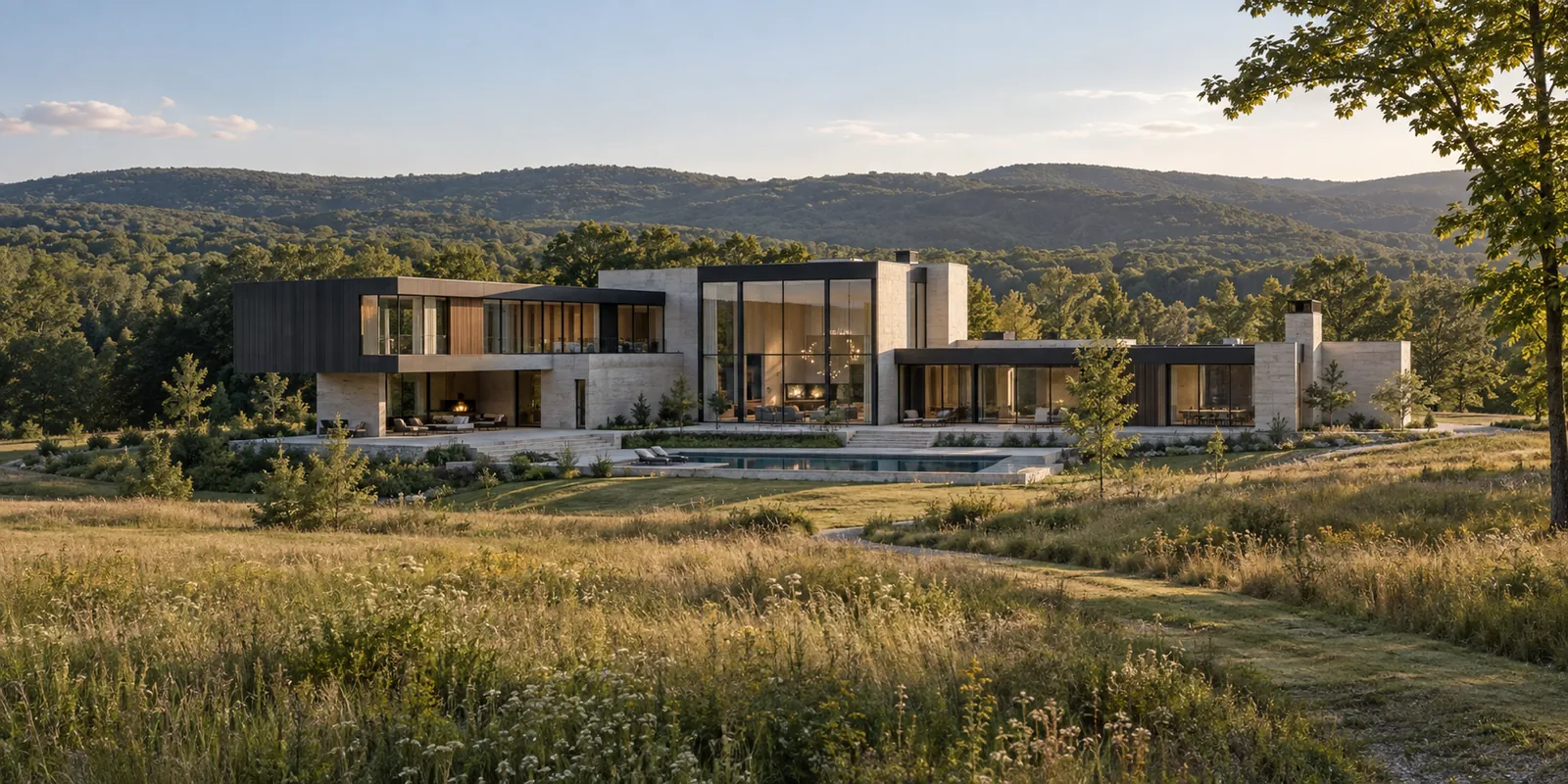 The Pine Plains Residence seen across a wildflower meadow with the Taconic hills beyond