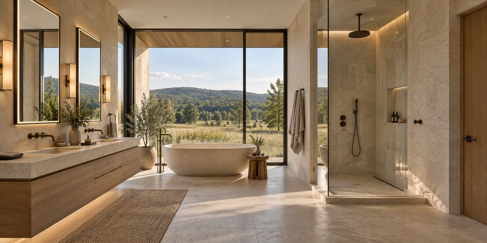 Primary bath with freestanding tub and garden view
