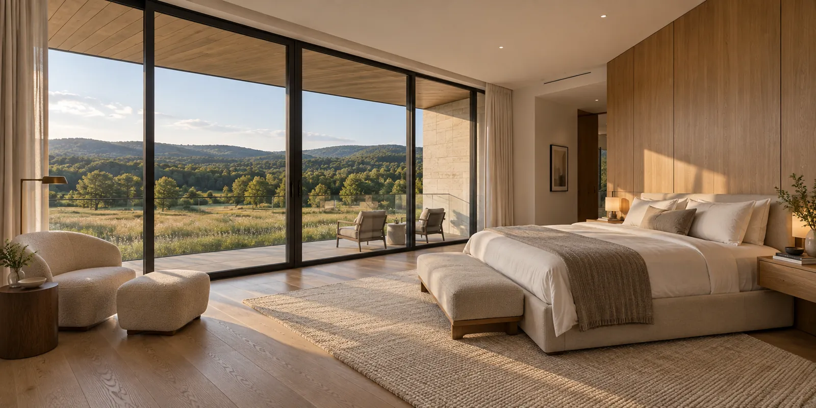 Primary bedroom with floor-to-ceiling views of the meadow