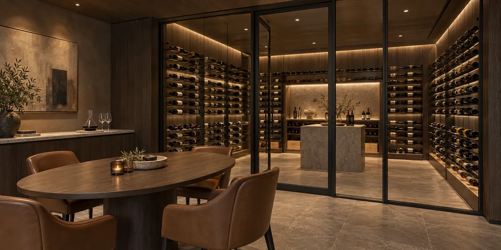 Glass-enclosed wine room with tasting table